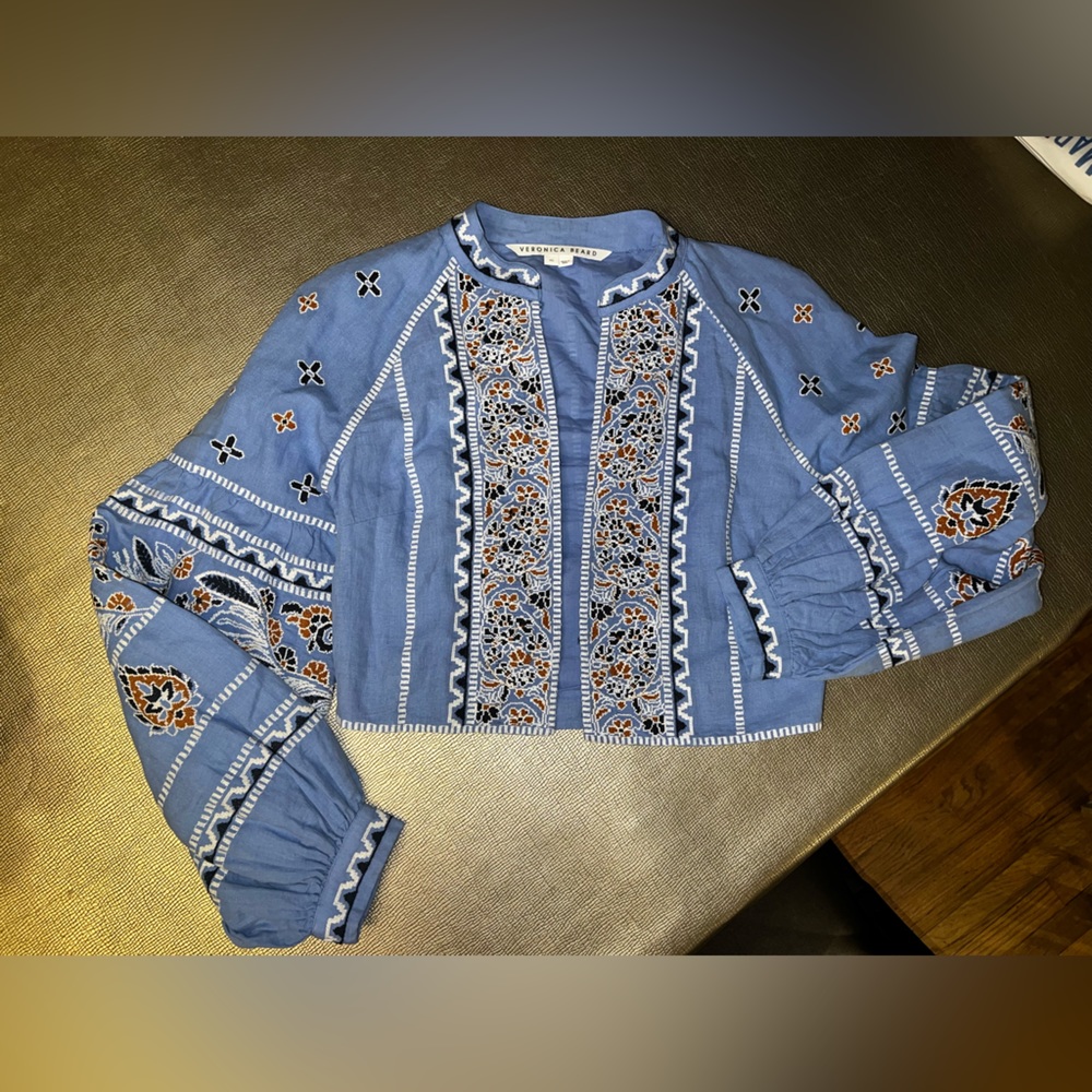 Veronica Beard Rivoli Embellished Linen Jacket blue embroidered size XS